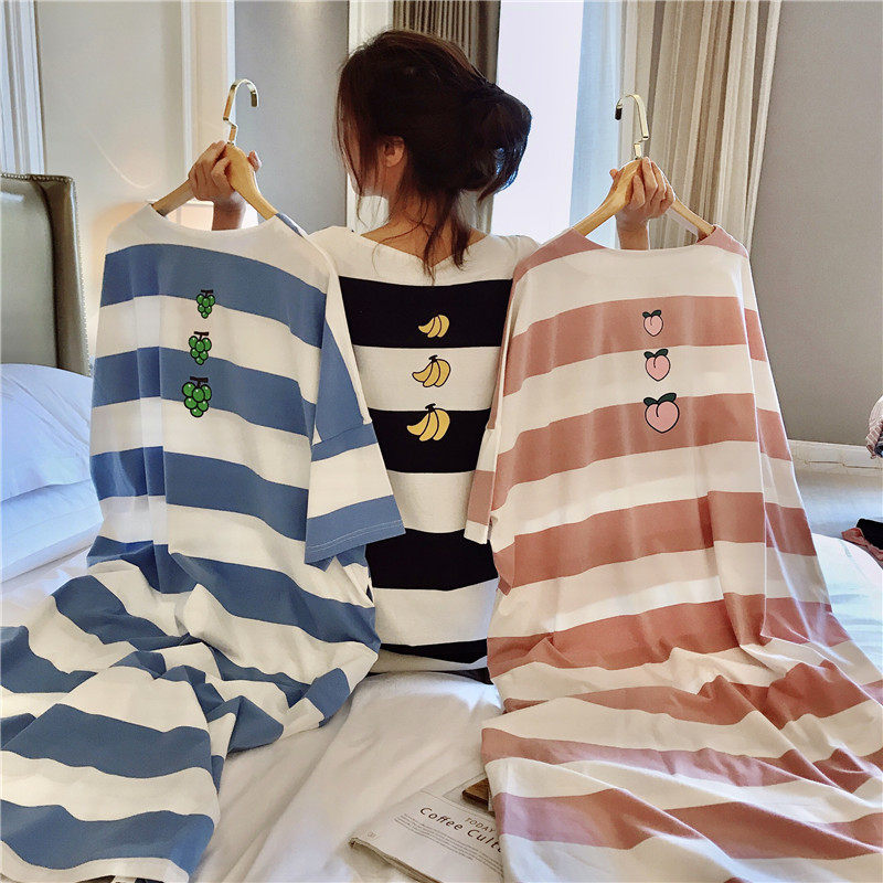 Over Knee Long Version Sleeping Dress Han Version Thin of pure cotton striped Thin Pyjamas Woman Summer Ultra Loose large size Fat mm200 Catty