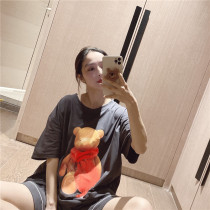 Net Red Ins Couple Sleepwear Womens Summer Thin style pure cotton cute Little Bear Home Suit Big Code 200 Catty Suit Can Be Worn Out