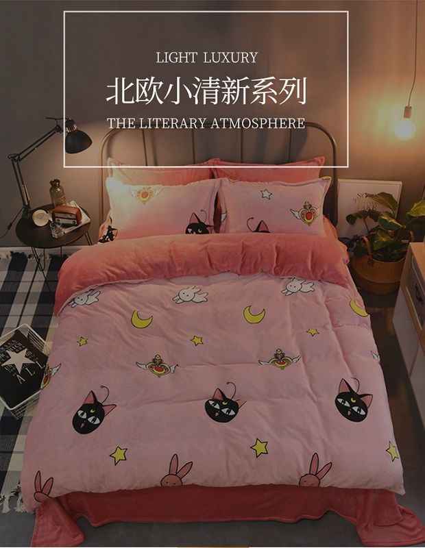 Hai mặt dày Falais giường sinh viên ký túc xá ba mảnh flannel quilt tấm trải giường lông cừu san hô bốn mảnh chăn ga gối đệm màu hồng