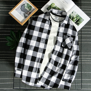 意宾春款棉衬衫磨毛男士长袖衬衣格子复古休闲学生装韩版修身潮