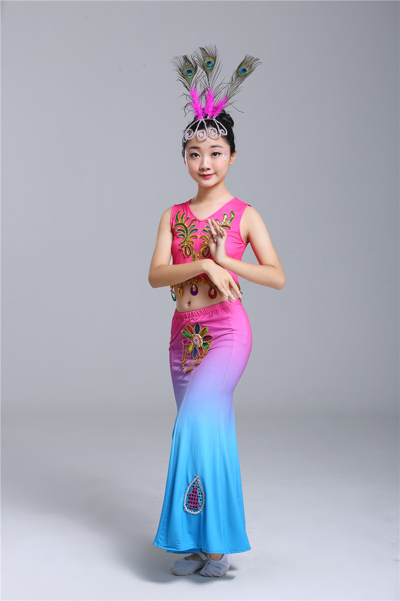 Vai trẻ em Trang phục khiêu vũ cô gái thun màu váy đuôi cá váy trẻ em quốc gia trang phục múa con công shop quan ao tre em