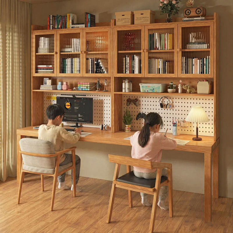 All Solid Wood Double Desk with Bookcase Integrated into the Bedroom, Computer Desk, Writing Desk, Children's Study Desk, Work Desk, Office Desk