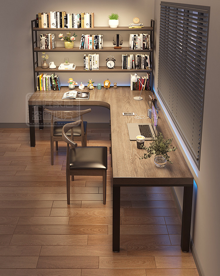 Угол стола 实木转角书桌书架一体组合l型电脑桌7拐角办公学习桌胡桃色电竞桌