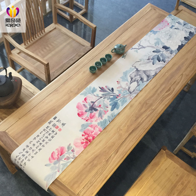 Peony Chinese Cotton Linen Zen tea XI China Wind tea table Mat Hemp Cloth Cloth Art Table Flag Waterproof Tea Table Tea Banner 