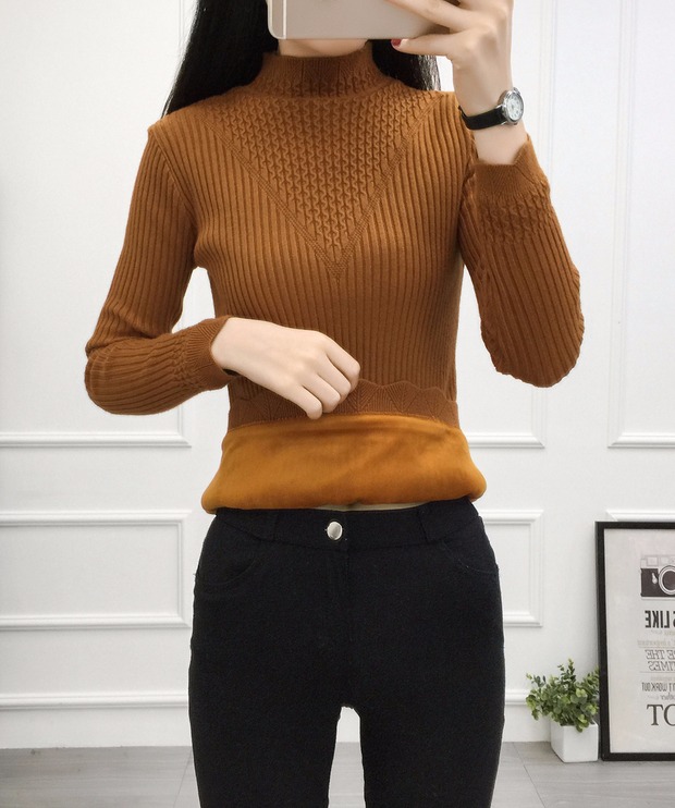 Đầm bó sát dài tay đa năng áo ấm nữ dày cộng với áo len nhung mùa đông ngắn đoạn đầu cao cổ áo len áo len nữ công sở