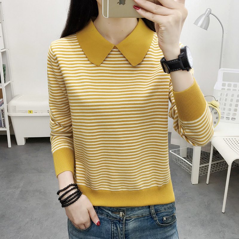 Sọc búp bê cổ áo top đáy mùa đông 2019 mới knitsweater ngắn ẩm điền của phụ nữ với cái đầu mỏng