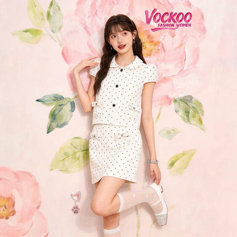 Zhao Lusi's Same Style 26 Summer Vockoo Elegant Polka Dot Bow Doll Collar Retro Jacket for Women Xsj3S01D8