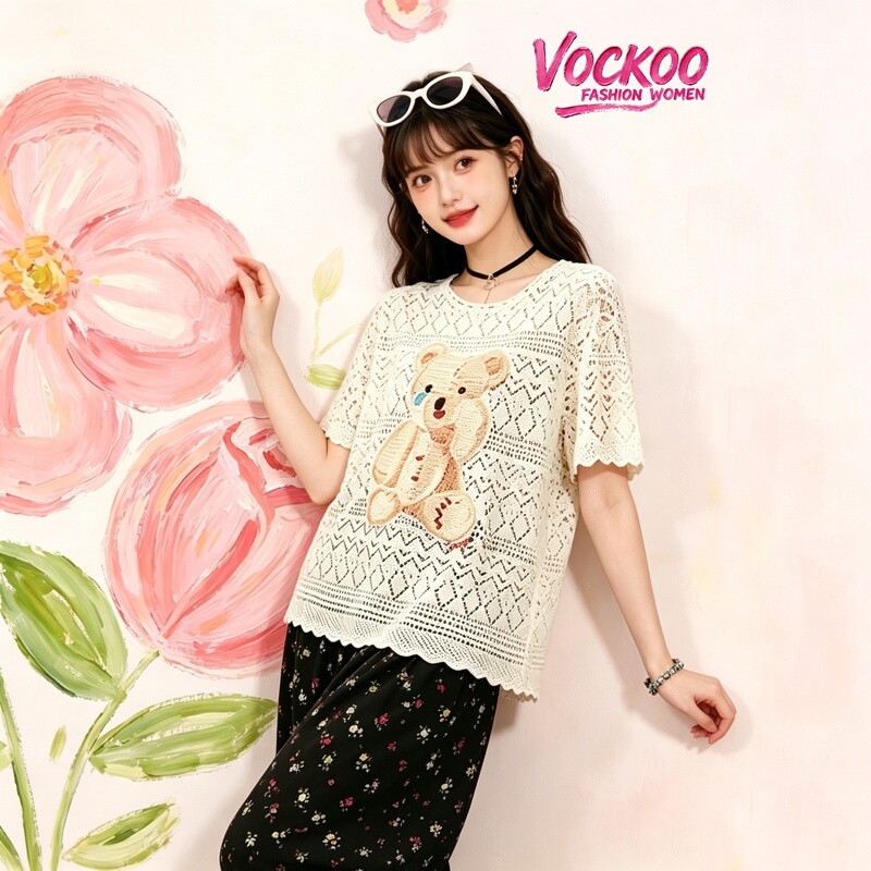 Same Style as in the Mall, 26 Summer Vockoo Sad Bear Handkerchief Classic Hollow Embroidery Sweater T-Shirt 260147t Same Style as in the Mall, 26 Summer Vockoo Sad Bear Handkerchief Classic Hollow Embroidery Sweater T-Shirt 260147t