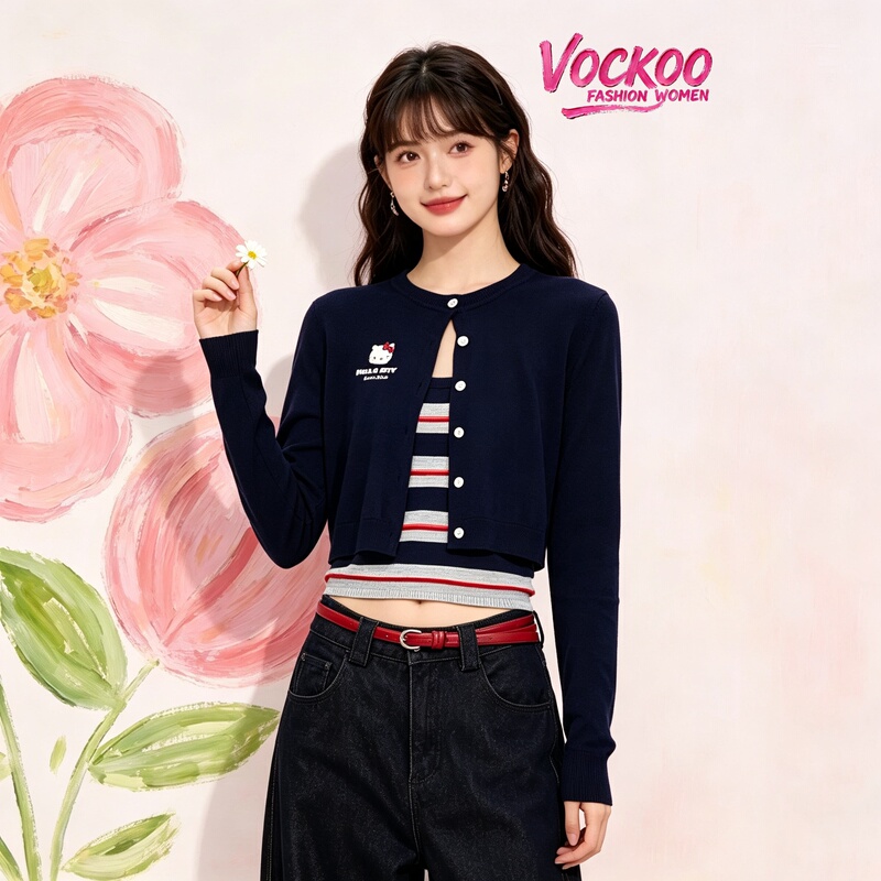 Vockoo Same Style 2026 Autumn Original Yarn Classic Hello Instant Hit Red Kitty Cat Two-Piece Knitted Cardigan for Women Vockoo Same Style 2026 Autumn Original Yarn Classic Hello Instant Hit Red Kitty Cat Two-Piece Knitted Cardigan for Women