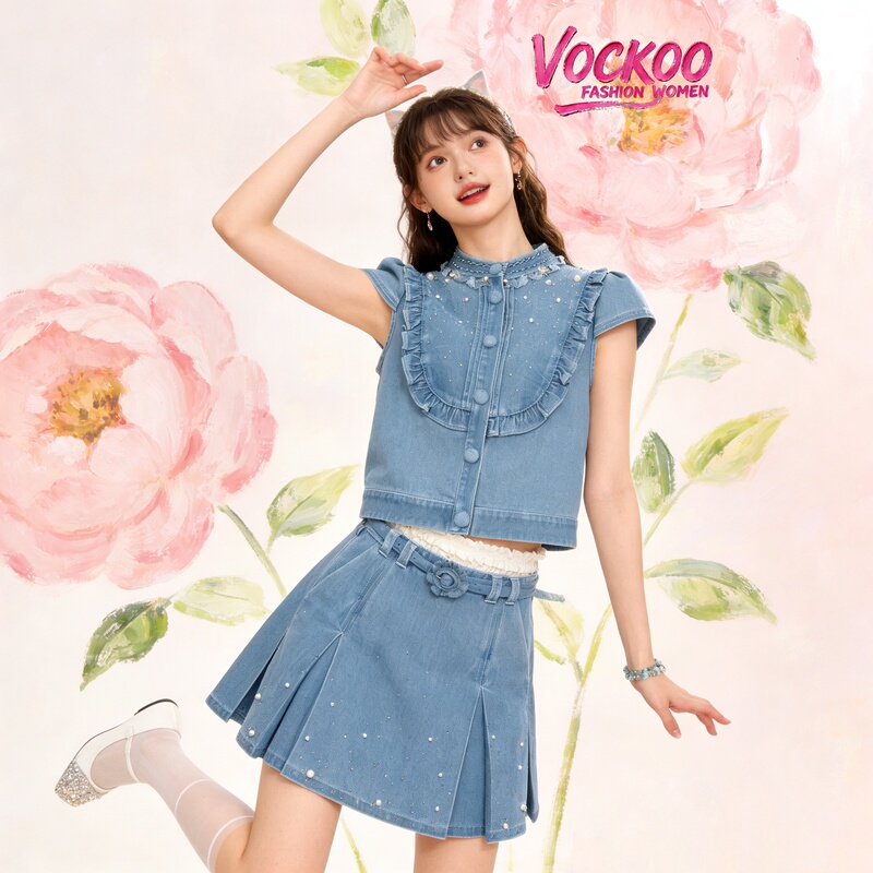 Same Style as in the Mall, 26 Summer Vockoo Fashionable Beaded Ruffled Short Denim Jacket Top X11Nb168X