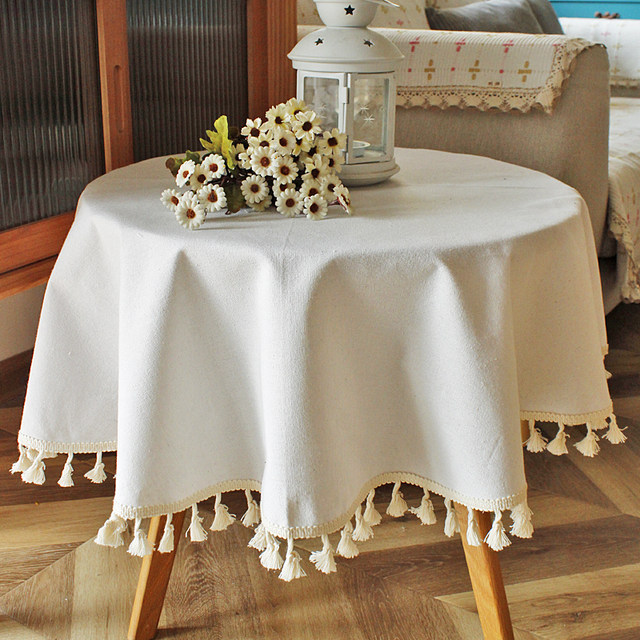 Nordic ins ສີຂາວ round tablecloth ງ່າຍດາຍຕາຕະລາງກາເຟແຂງສີຝ້າຍແລະ linen fabric ຮູບພາບພື້ນຫລັງ picnic ຜ້າປົກຂີ້ຝຸ່ນ