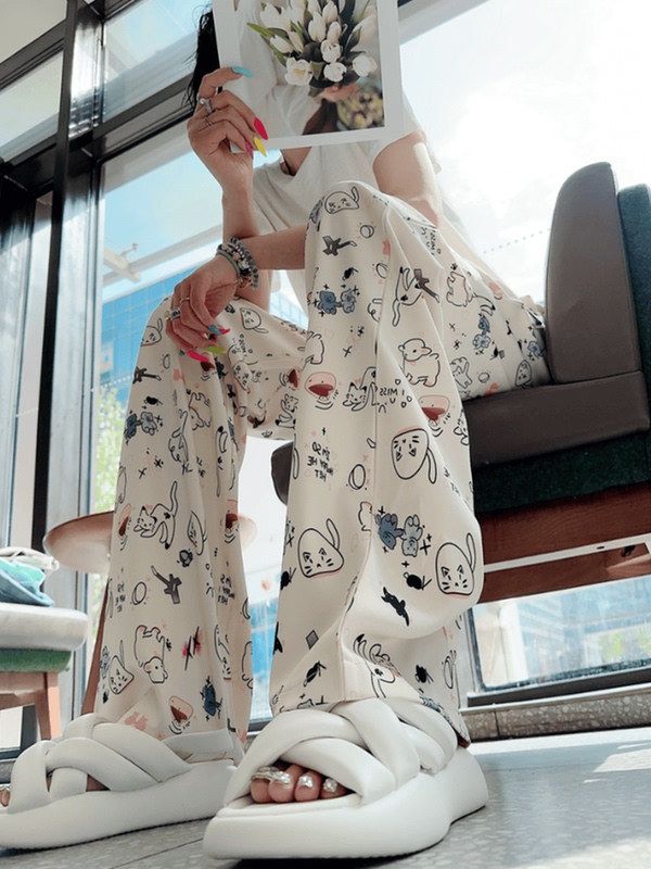 Childlike Cat Print Wide-Leg Pants for Women, Summer Thin Casual Drapey Loose Straight Lazy Anti-Mosquito Floor-Length Pants