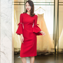2019 New red evening dress wedding trumpet sleeve short temperament elegant dress back winter dress