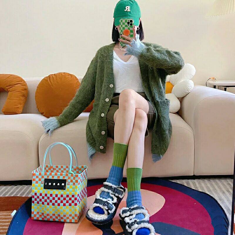 Japanese color-blocking thick line socks women's tide ins autumn and winter retro solid color bubble socks college style tube socks