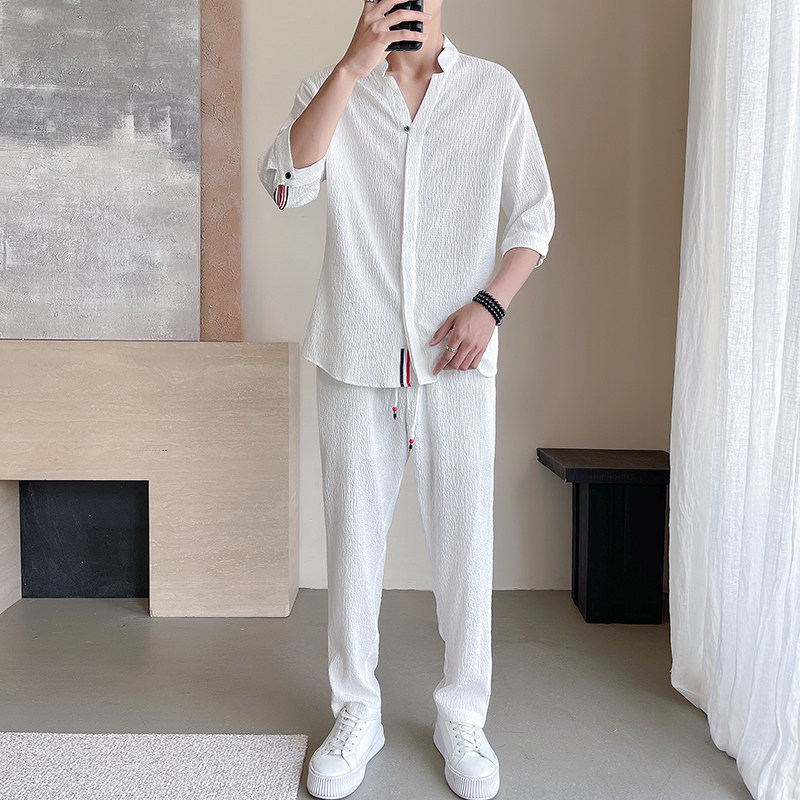 High-End 2026 New Style Chinese-Style Men's Summer Pure Cotton and Linen Short-Sleeved Long-Pants Pajama Set That Can Be Worn Outside the Home