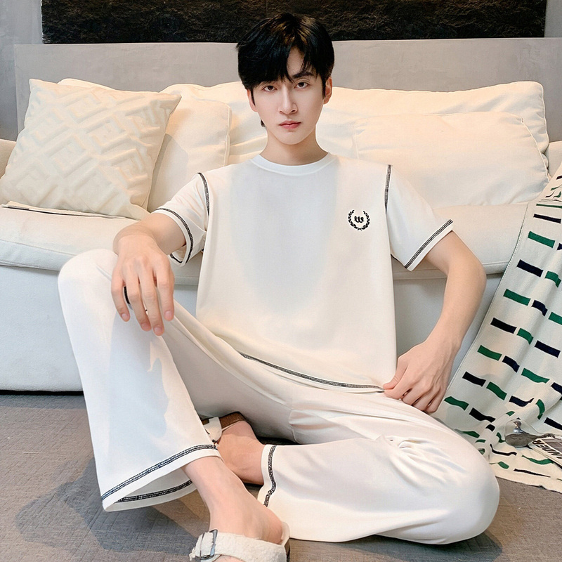 High-End Men's Summer Pajamas, Pure Cotton Short-Sleeved Long Pants, Modal, Thin, Large Size, Home Wear Set That Can Be Worn Outside