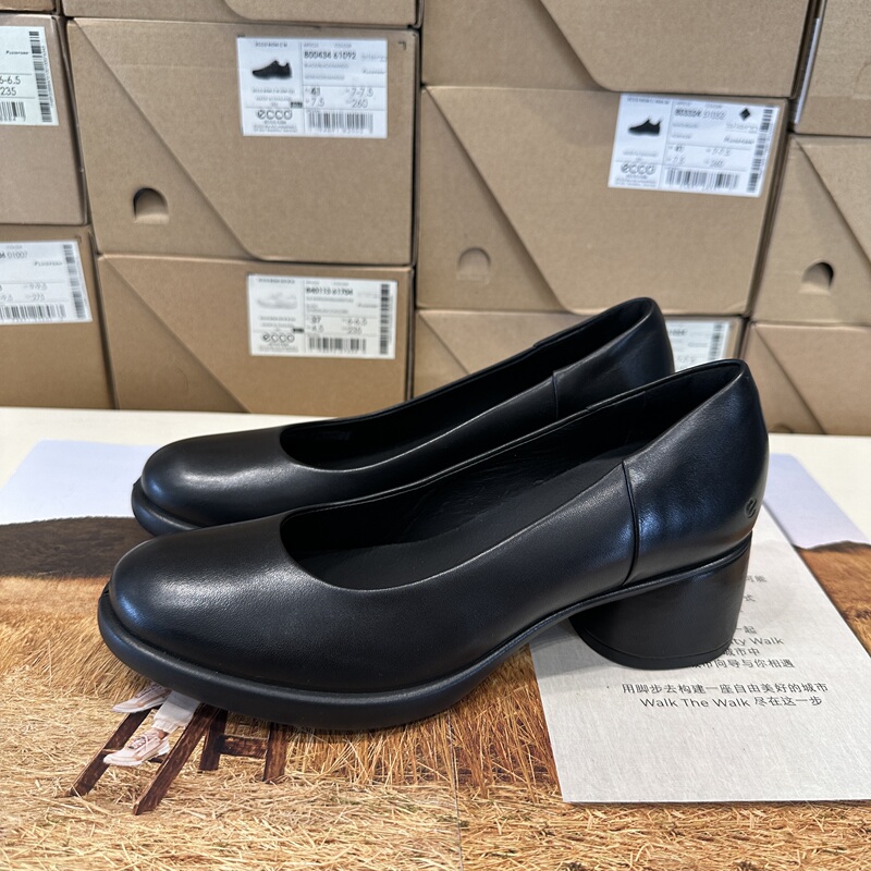 Ecco New Women's Shoes Genuine Leather Chunky Heel High Heels Versatile Small Leather Shoes Sculptural Luxury 222493