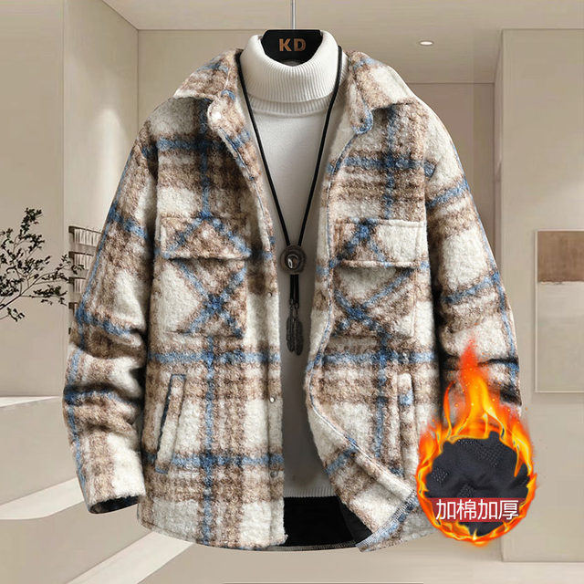 Autumn and winter lapel plaid circling woolen and cotton thickened jacket men's youth slim and warm cotton coat trend