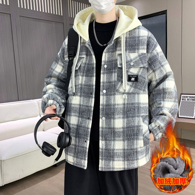 Winter New Hooded Plaid Fleece-Lined Thickened Jacket for Men, Teenagers, and Middle School Students, Warm and Stylish Parka