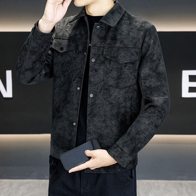 Autumn and winter lapel matte plus velvet leather jacket men's youth internet celebrity slim fit handsome personality warm motorcycle jacket