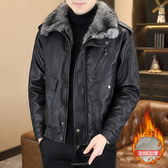 Winter new style lapel high-end large fur collar plus velvet thickened leather jacket jacket for men's youth warm mountain sculpture