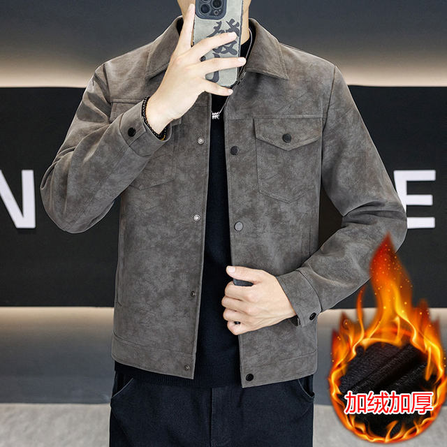 Autumn and winter lapel matte plus velvet leather jacket men's youth internet celebrity slim fit handsome personality warm motorcycle jacket