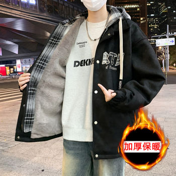 2025 Winter Hooded Hong Kong Style Fleece-Lined Thickened Jacket for Men, Teenagers, and Students, Warm Parka Coat