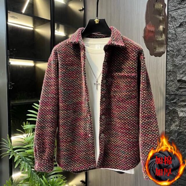 Autumn and Winter Mixed-Color Tweed-Style Knitted Cotton-Padded Thick Long-Sleeve Shirt for Young Men, Trendy Casual Shirt Jacket