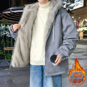 Winter New Style Hooded Fleece-Lined Thickened Suede Cotton Jacket for Men, Teenagers, and Students, Warm Coat