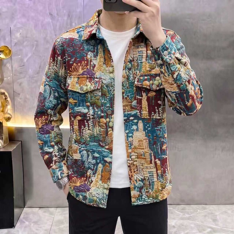 Spring and Autumn Personalized Floral Woven Thin Long-Sleeved Shirt Men's Jacket Youth Social Guy Casual Jacket Top