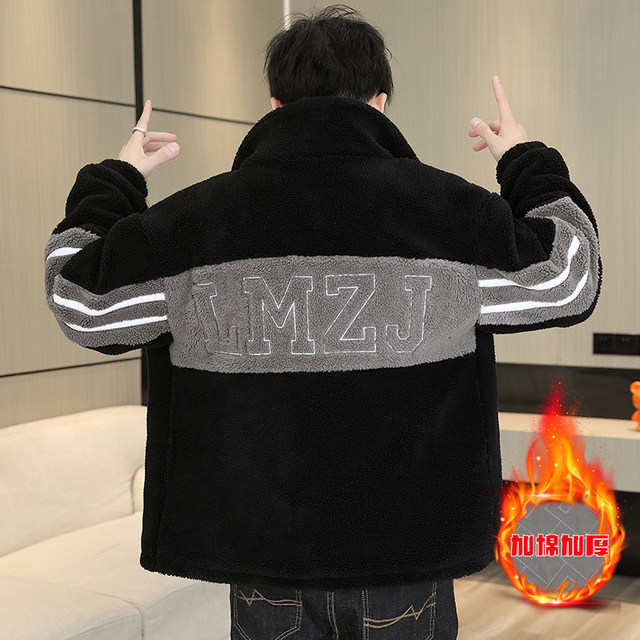 Winter Stand-Up Collar Short Padded Thickened Lamb Wool Fleece Cotton Jacket for Men, Teenagers, and Students, Warm Jacket