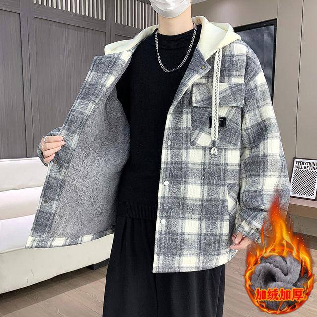 Winter New Hooded Plaid Fleece-Lined Thickened Jacket for Men, Teenagers, and Middle School Students, Warm and Stylish Parka