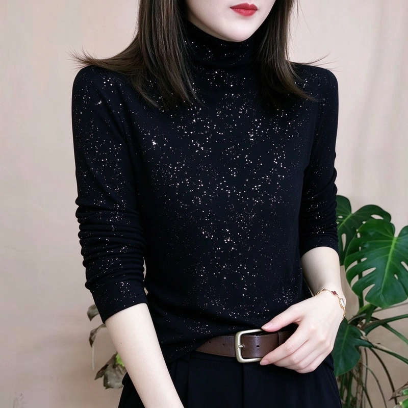 300 Large Size Sequined High-Neck Warm Slim-Fit Stylish Long-Sleeve Top for Women, Fashionable Slim-Fit Versatile Base Shirt 300 Large Size Sequined High-Neck Warm Slim-Fit Stylish Long-Sleeve Top for Women, Fashionable Slim-Fit Versatile Base Shirt