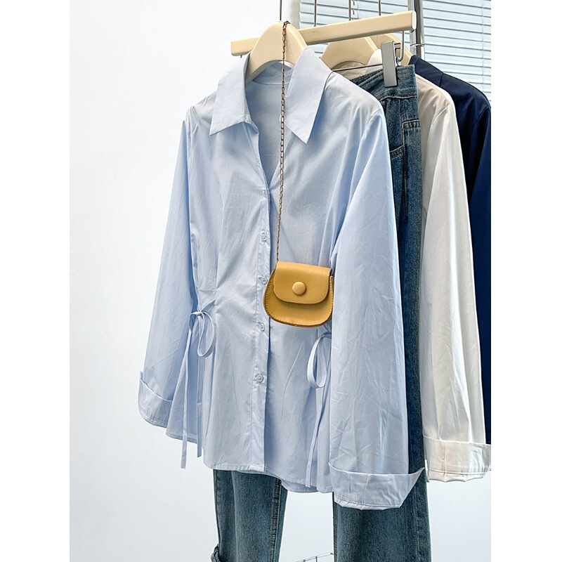 Plus-Size Women's Waist-Cinching Tie-Up Long-Sleeve Shirt for Autumn, Slimming, Chic, Elegant Top, Age-Reducing, Tummy-Covering Base Shirt