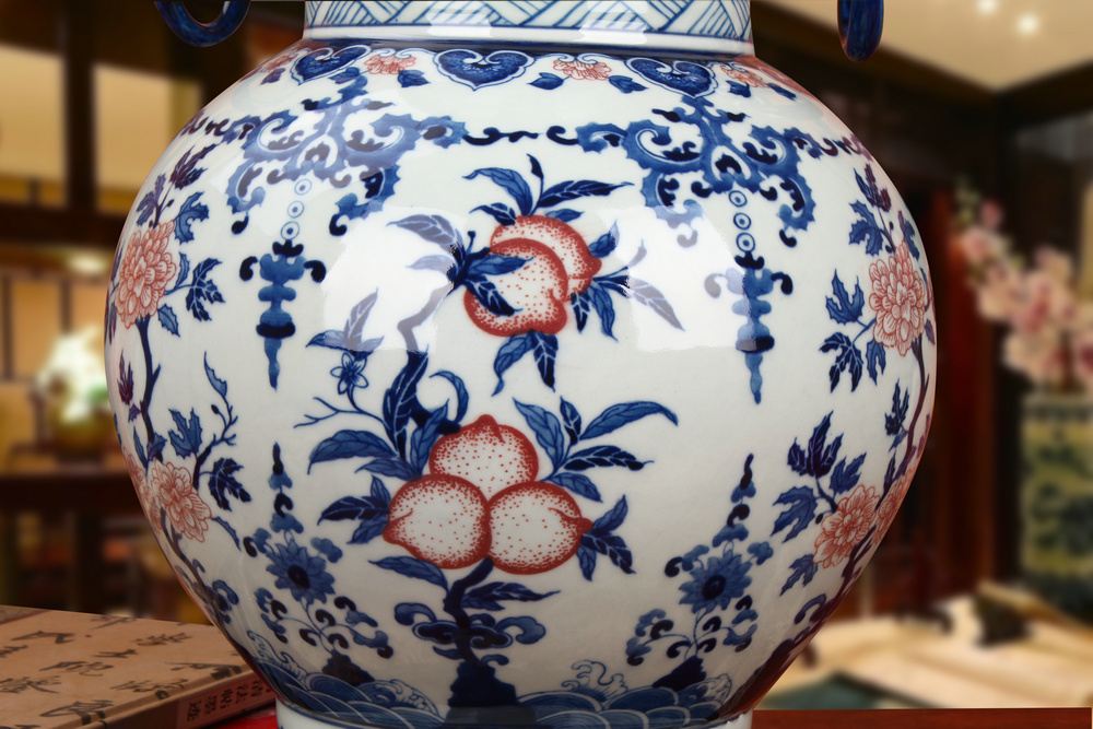 Antique hand - made porcelain of jingdezhen ceramics youligong double elephant peach pomegranate flower vase decoration