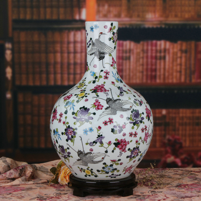 Jingdezhen ceramics noctilucent powder enamel pine crane live celestial large vases, creative Chinese style household decorations