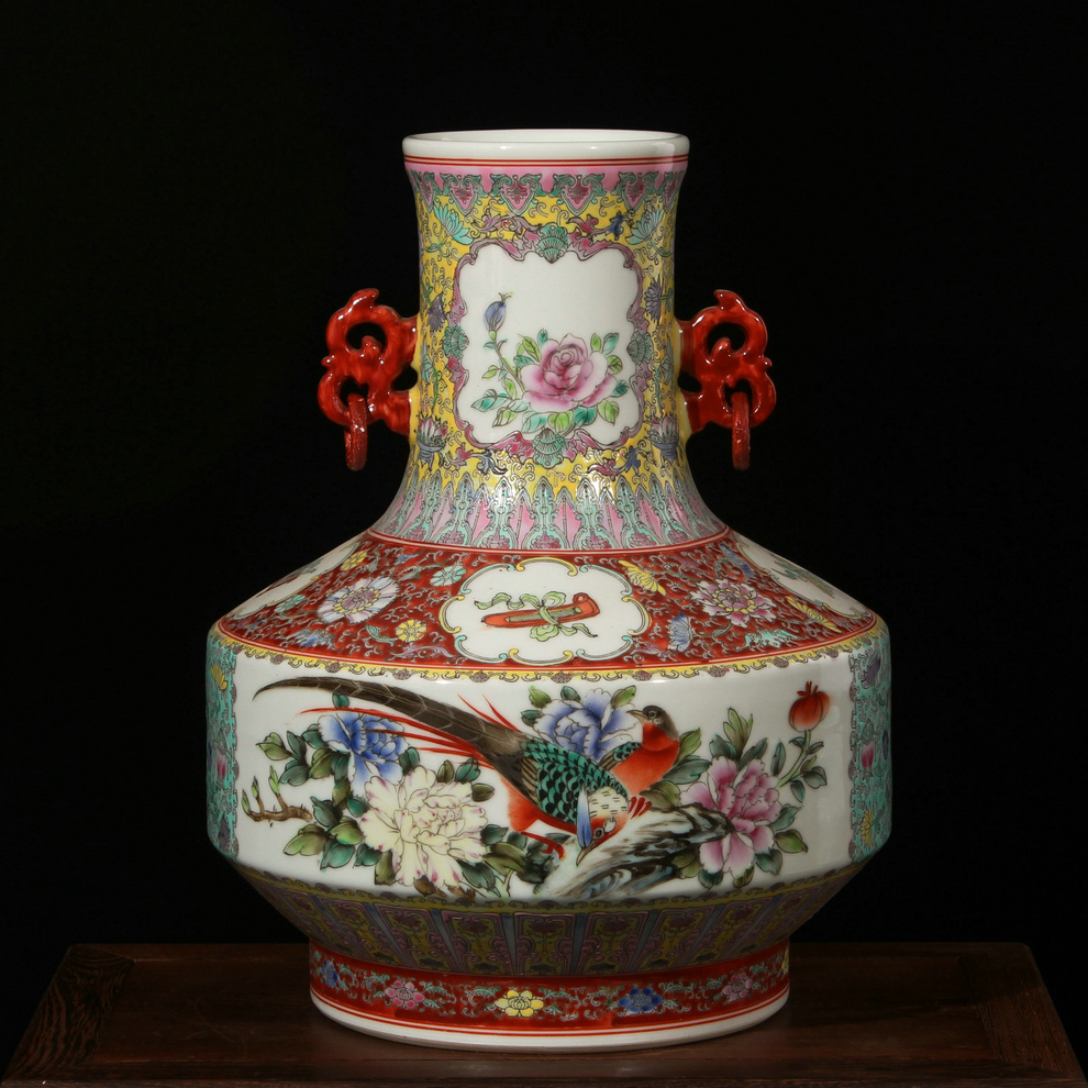 Antique hand - made enamel factory goods jingdezhen vase peony flowers and birds ears ceramic vases, restore ancient ways the adornment that occupy the home