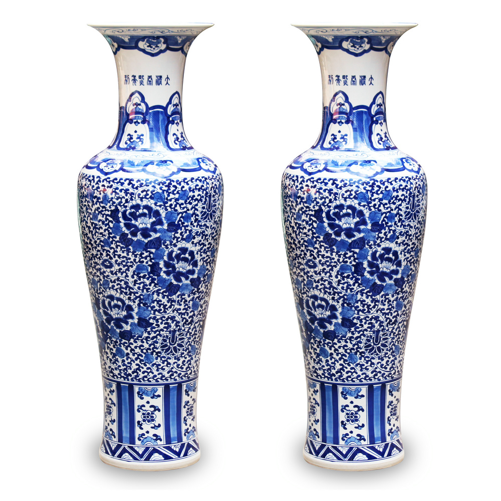 Jingdezhen ceramics hand - made riches and honor peony landing big blue and white porcelain vase modern Chinese style living room furnishing articles