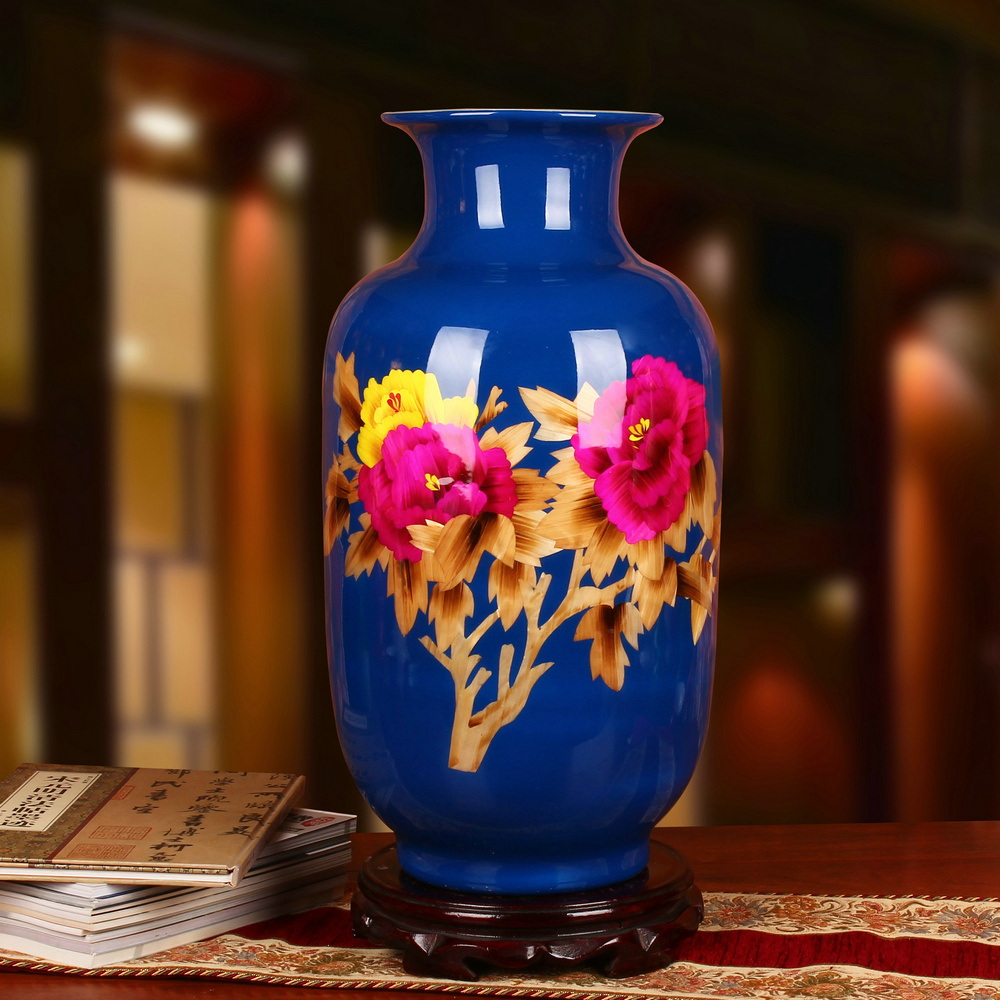 Jingdezhen ceramics blue straw peony flowers prosperous vase opening gifts collection place decoration