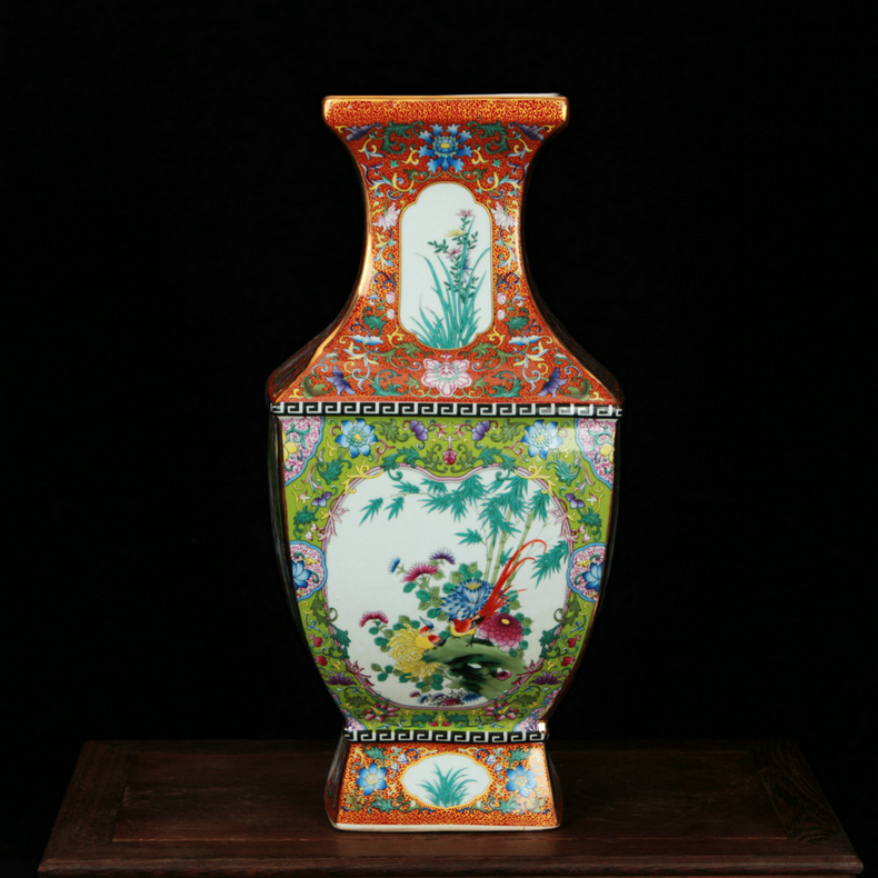 Jingdezhen ceramics archaize principal colored enamel open square bottle altar painting of flowers and birds in Chinese classical household ornaments