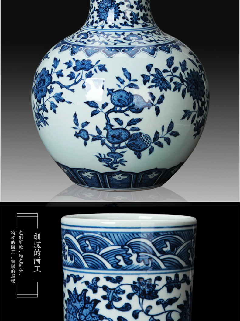 Jingdezhen ceramics vase furnishing articles hand - made antique bound branch pomegranate grain celestial vase of blue and white porcelain collection