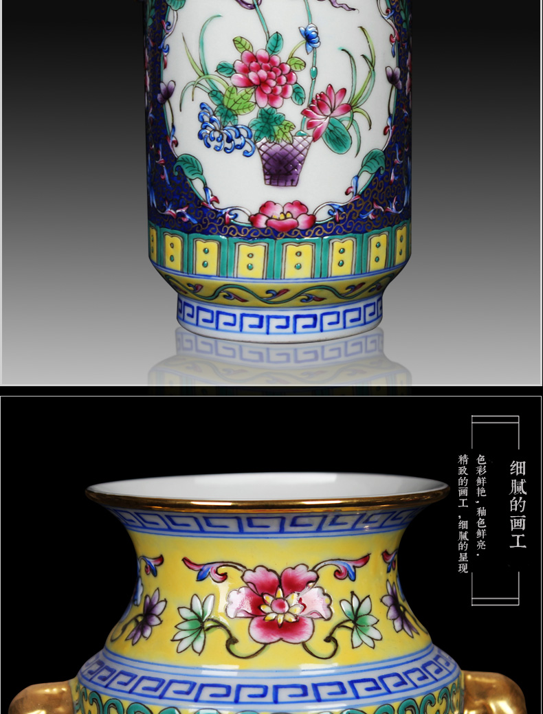 Jingdezhen ceramics colored enamel double head gold blue flower vase household altar collection handicraft furnishing articles