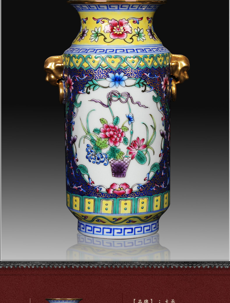 Jingdezhen ceramics colored enamel double head gold blue flower vase household altar collection handicraft furnishing articles