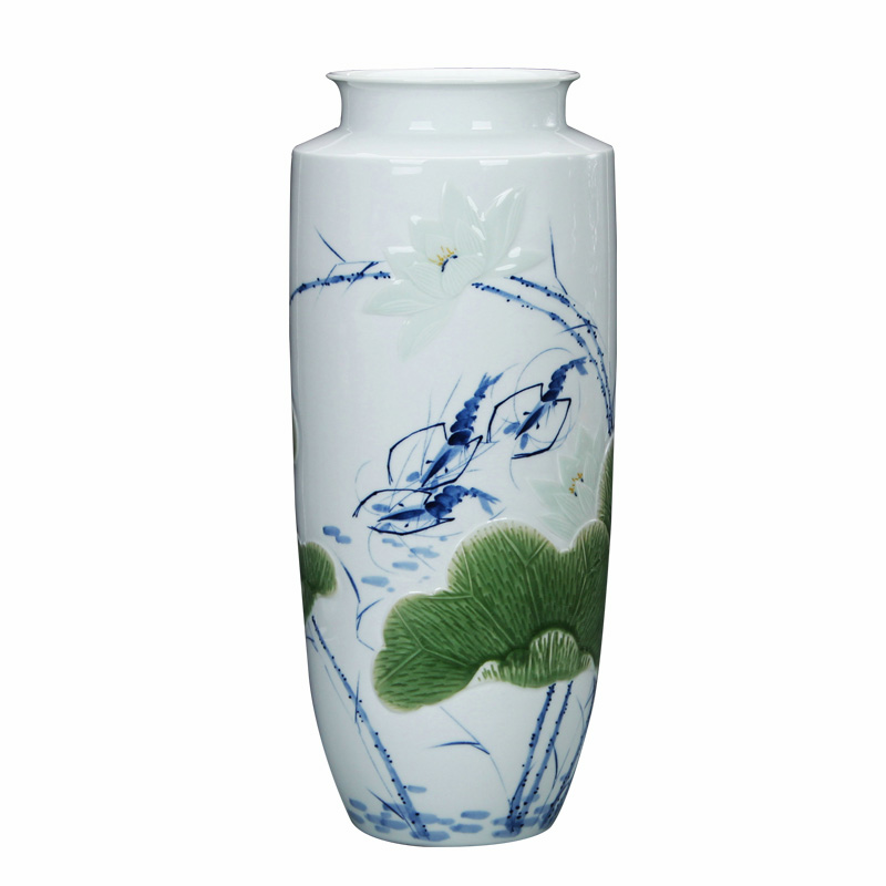 Shrimp boring LuYiGang hand - made porcelain of jingdezhen ceramics engraving lotus vase collection crafts are set