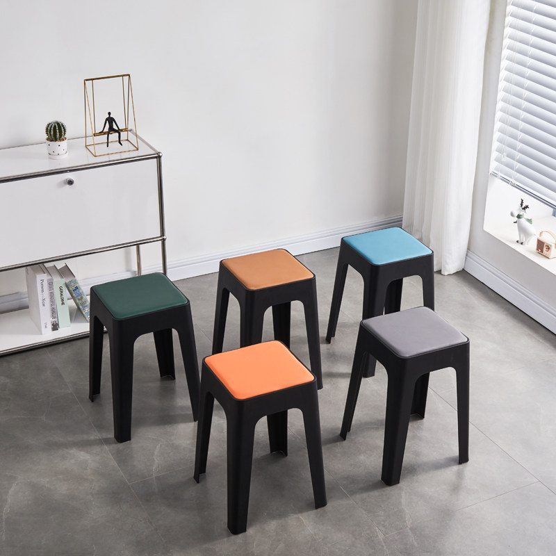 Plastic stool household thickened stackable square modern 48CM soft leather living room dining table plastic high chair