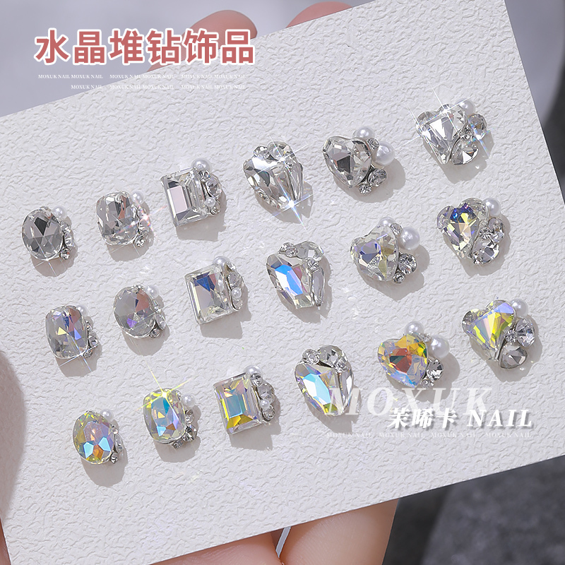 8 Pieces of Nail Art Decorations, Stacked Rhinestones, Super Shiny, Tilted Heart, Rectangular, Right-Angle, Axe, Heart-Shaped Nail Diamonds, Internet Celebrity Style