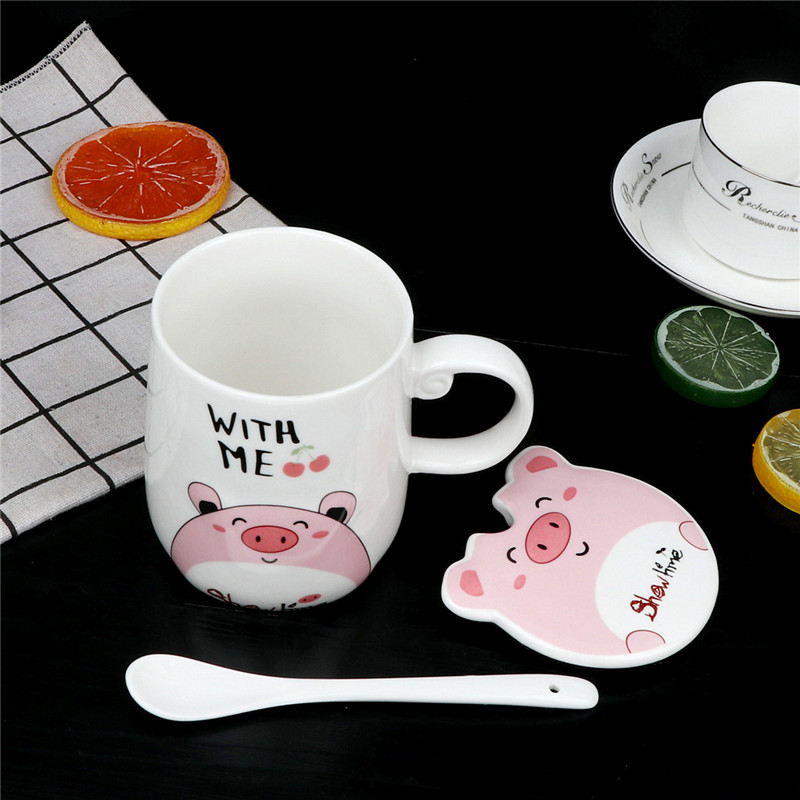 Fashion cartoon cup jade porcelain cover cup pig ipads ceramic keller keller cup coffee cup cow cup with small spoon