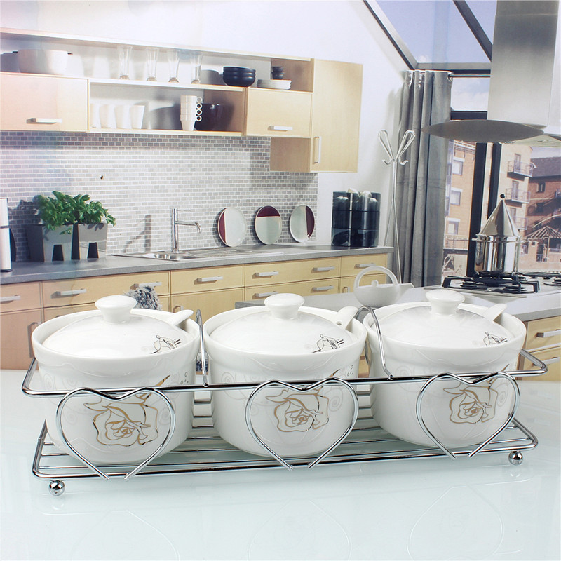 Yachengde large three-piece seasoning pot ceramic seasoning bottle seasoning cylinder ceramic seasoning pot seasoning box flavor cup