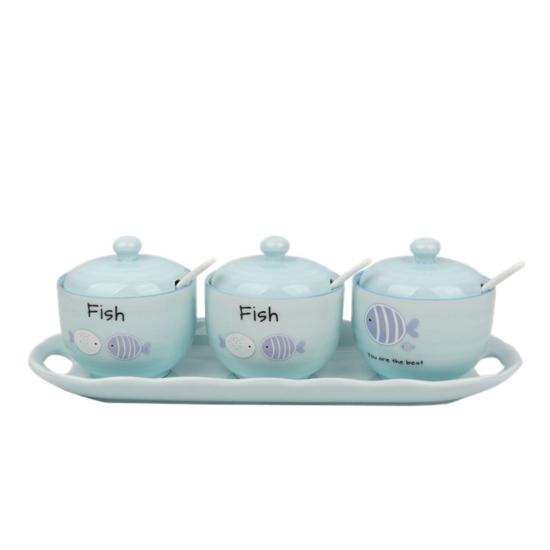 Happy home thread flavor pot three - piece sauce seasoning cylinder color ceramic pot seasoning box with a spoon with tray