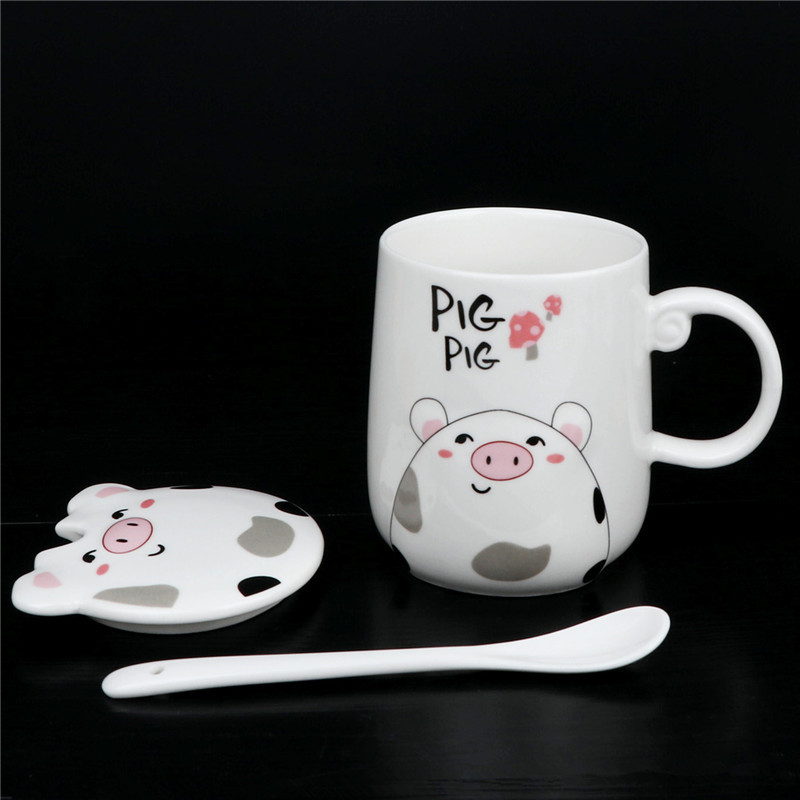 Fashion cartoon cup jade porcelain cover cup pig ipads ceramic keller keller cup coffee cup cow cup with small spoon